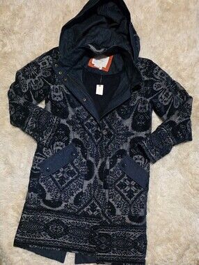 Anthropologie Chenille Tapestry Parka Coat Navy Quilted Lined Sz. XS NWT